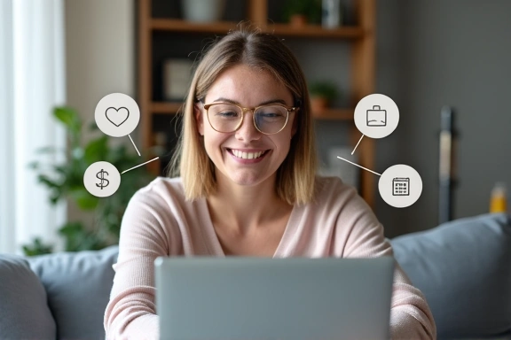 Donna sorridente che usa un laptop per una consulenza online, con icone che rappresentano videochiamata e benessere.