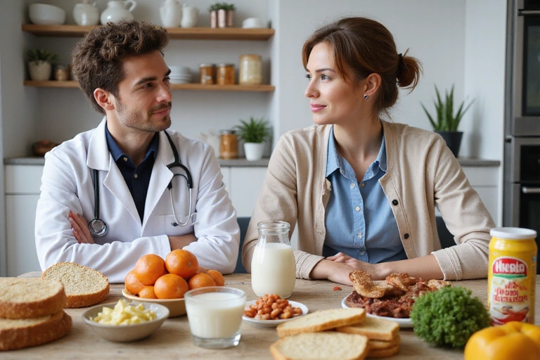 Alimenti specifici per diete speciali e un medico che consiglia